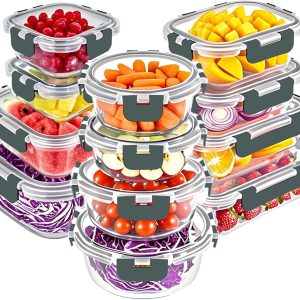 VERONES 24 Pieces Glass Food Preserving Containers. Airtight Glass Lunch Containers. Suitable for Microwave. Oven. Freezer and Dishwasher. Grey : Amazon.es: Home & Kitchen