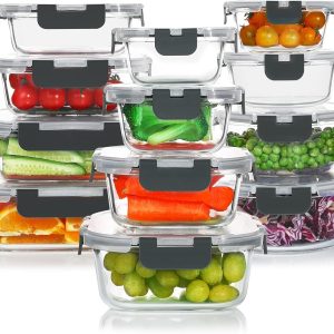 KOMUEE Glass Food Containers. 24 Pieces (12 Containers + 12 Lids). Airtight Glass Food Containers. BPA Free. Microwave and Freezer Safe. Grey : Amazon.es: Home & Kitchen
